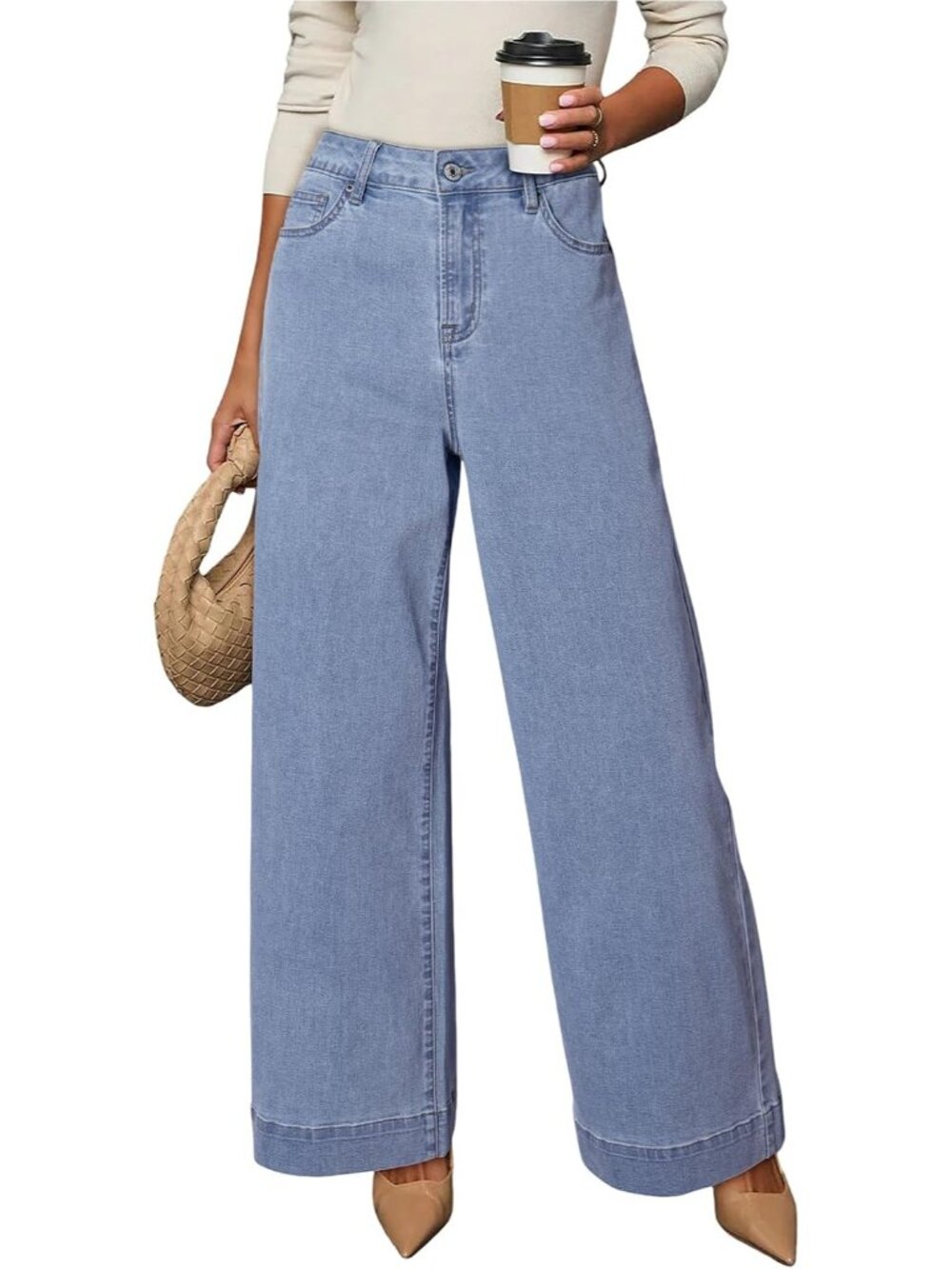 Women's Blue High Waisted Jeans Stretch Wide Leg Loose Denim Baggy Jeans Pant